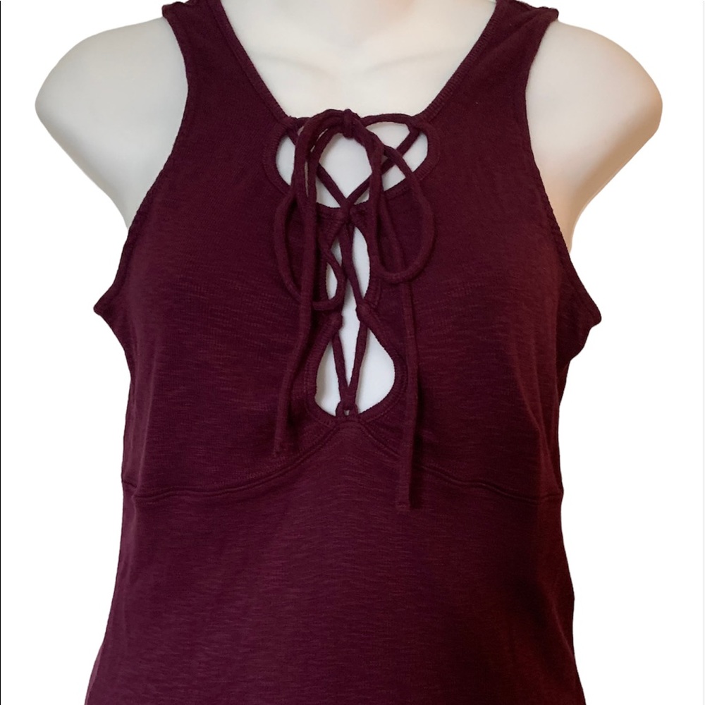 Free People Emmy Lou Ribbed Tank Top Lace Up Tie Front Wine Size Medium NWT $58